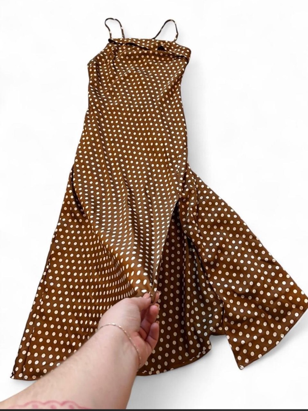 Astr Brown Polka Dot Midi Slip Dress - Picture 2 of 8